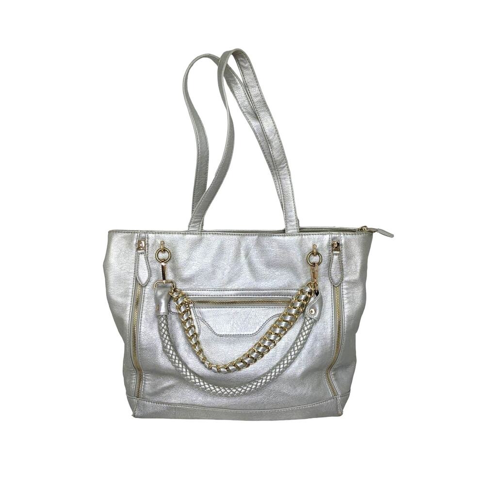 Imoshion Silver Metallic Tote Vegan Faux Leather Purse Braided Gold Chain Bag